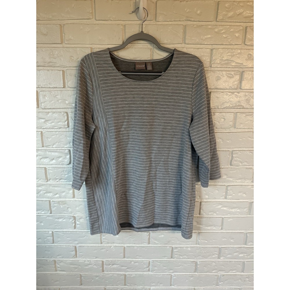Chico's Neutral Striped Blouse | Size 2 Large | Minimalist Classic Casual Wear